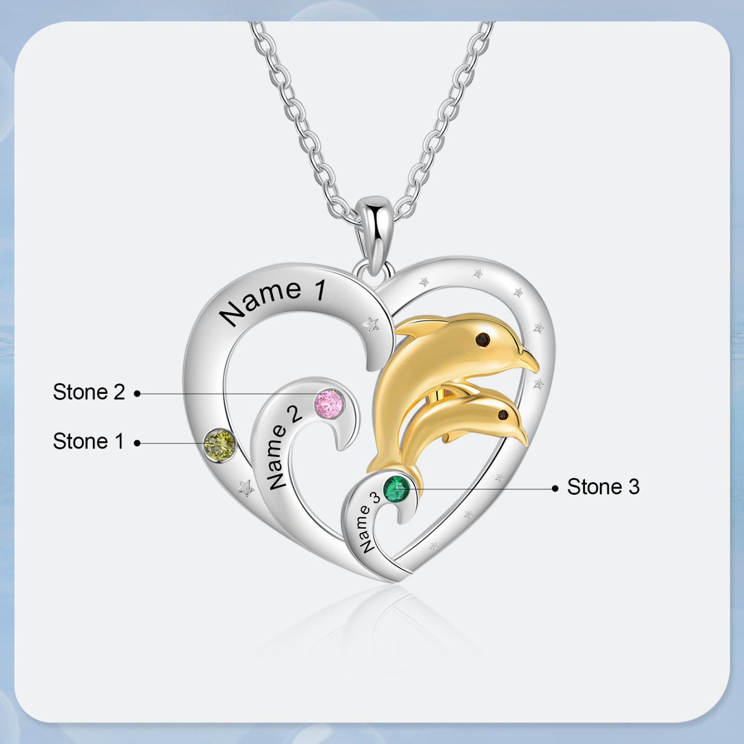 Collier Coeur et Dauphin Pendentif 3 Prénoms Personnalisés avec 3 Pierres de Naissance|Jessemade