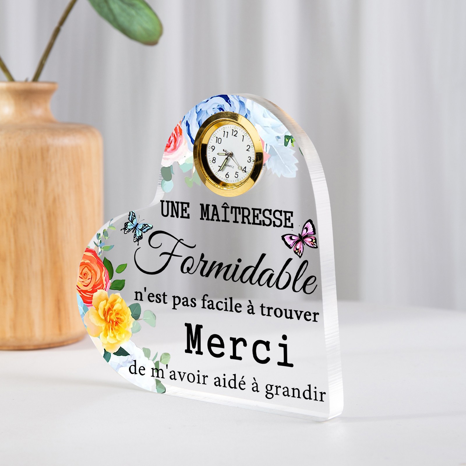 À Ma Maîtresse -Plaque Acrylique en Forme de Coeur avec Horloge Fleur