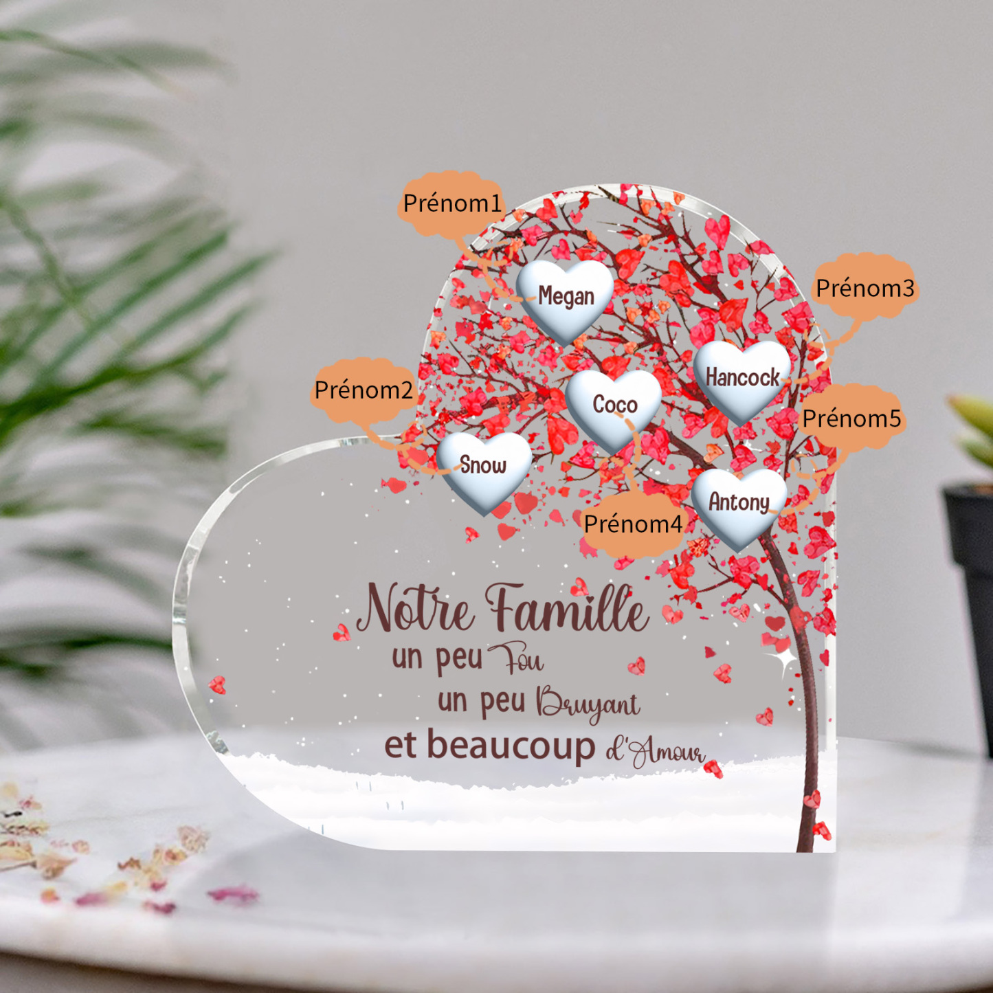Plaque Acrylique en Forme de Cœur arbre 5 Prénoms Personnalisés Cadeau famille | Jessemade
