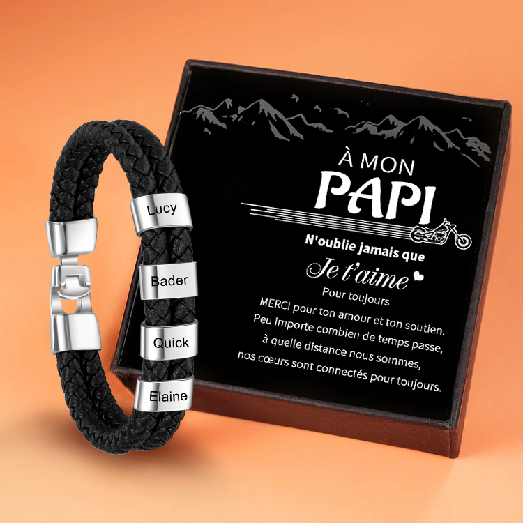 À mon Papi-Bracelet Cuir tressé 4 Perles Prénom Personnalisé Bracelet Homme