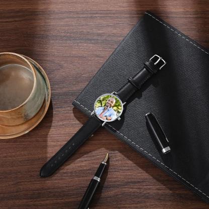 Montre Personnalisée Photo avec Gravure du prénom ou Message Bracelet en Cuir