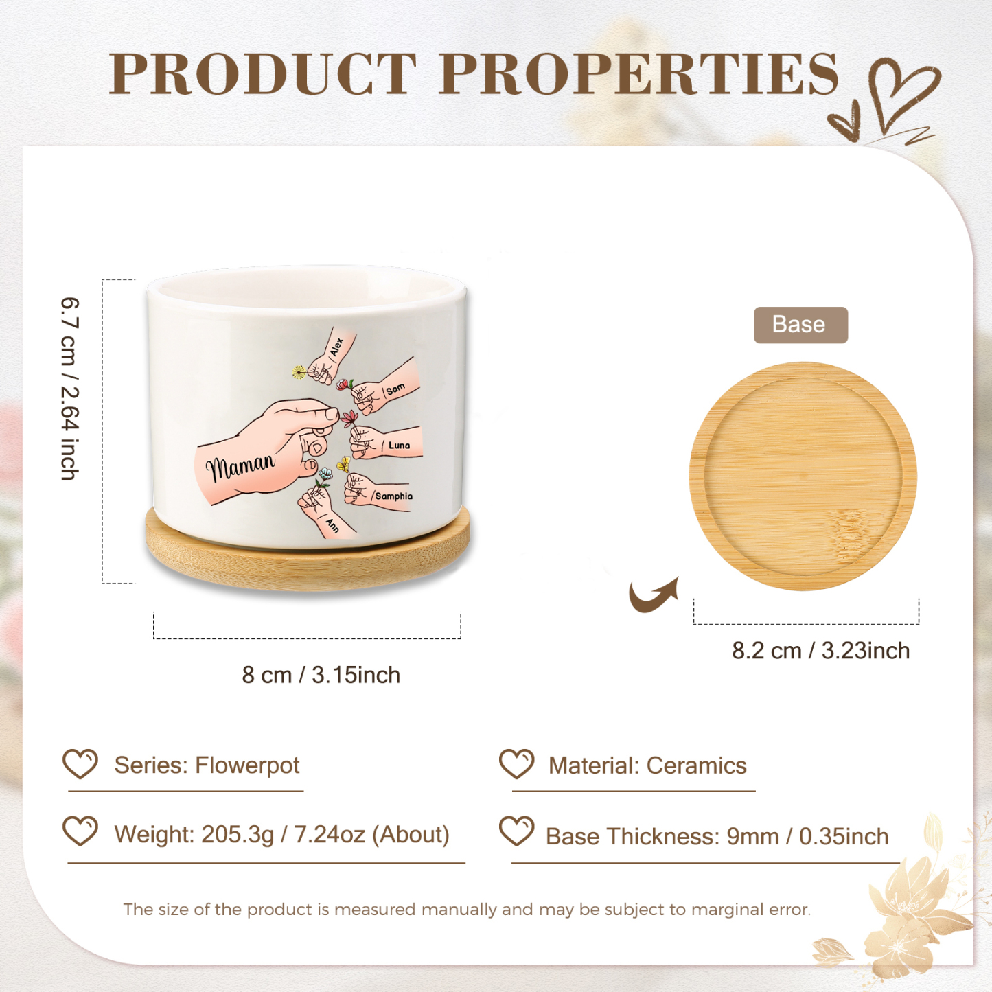 Vase/Pot de Fleurs mains et enfants 6 Prénoms Personnalisés Décoration de la Maison (sans plantes)