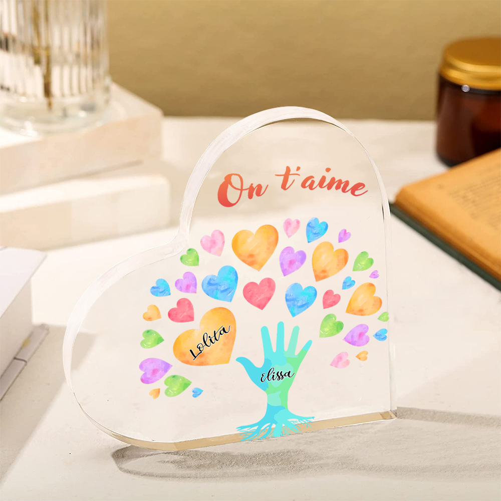 Plaque Acrylique en Forme de Cœur 2 Prénoms Personnalisés avec Texte pour Famille