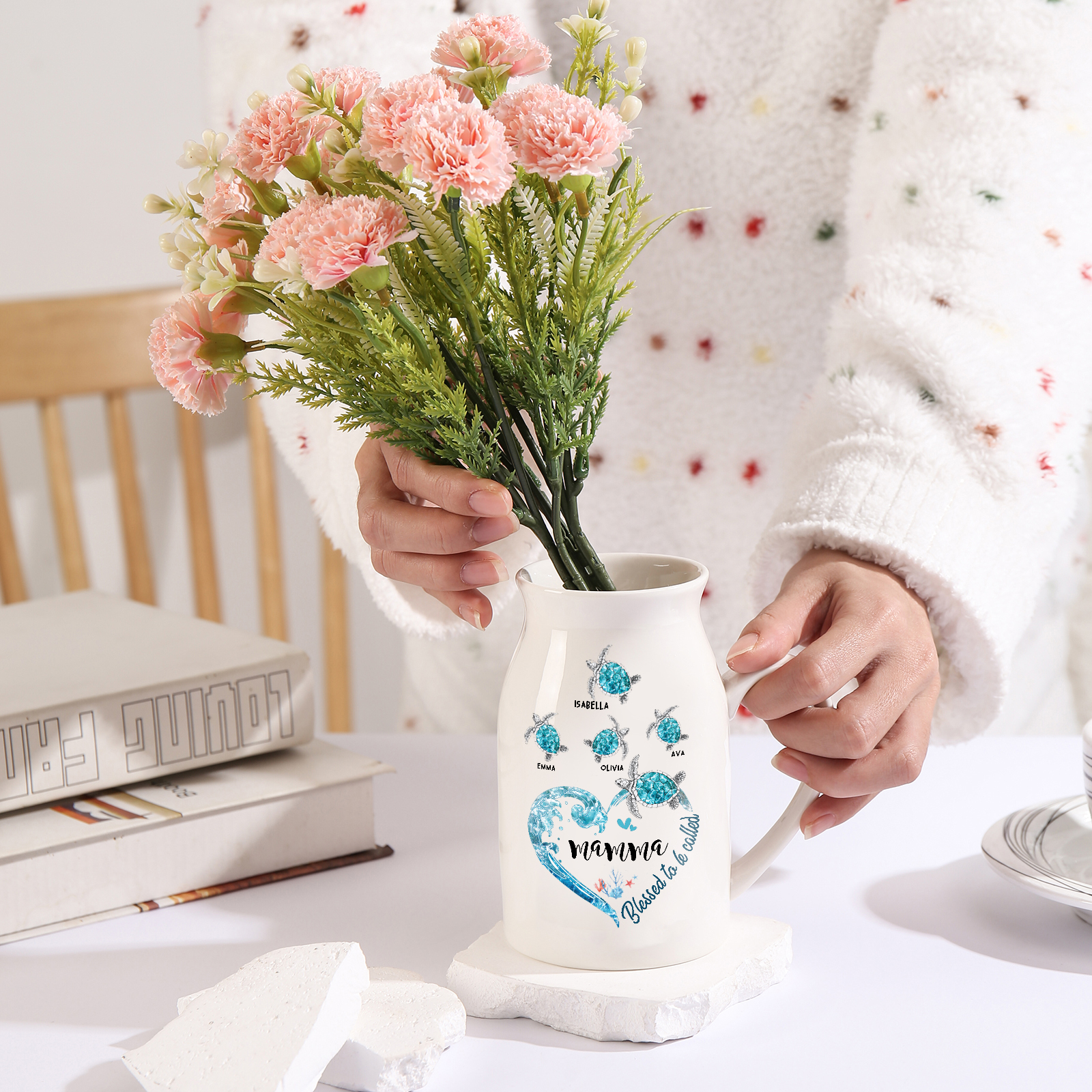 Vase à Fleurs Tortue de Mer 4 Prénoms Personnalisés avec 1 Texte Décoration de la Maison