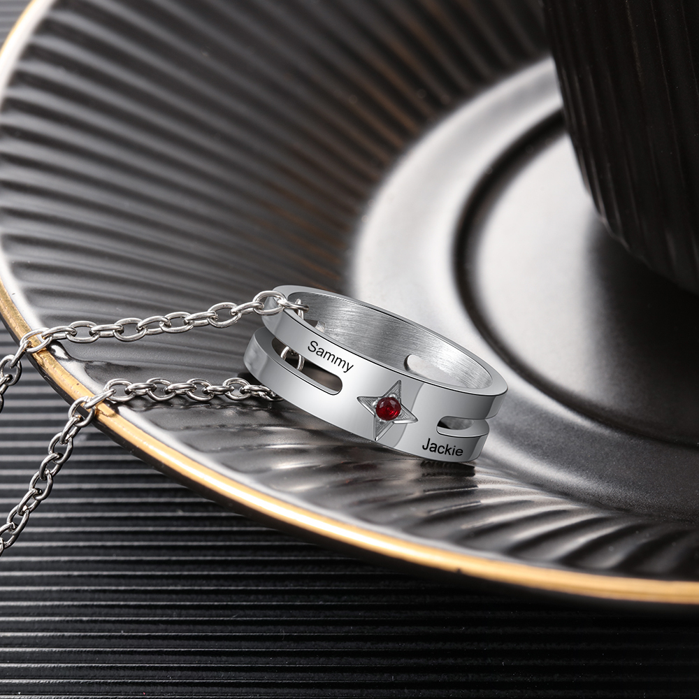 Collier Pendentif Bague 2 Prénoms Personnalisés avec 1 pierre de naissance pour Femmes
