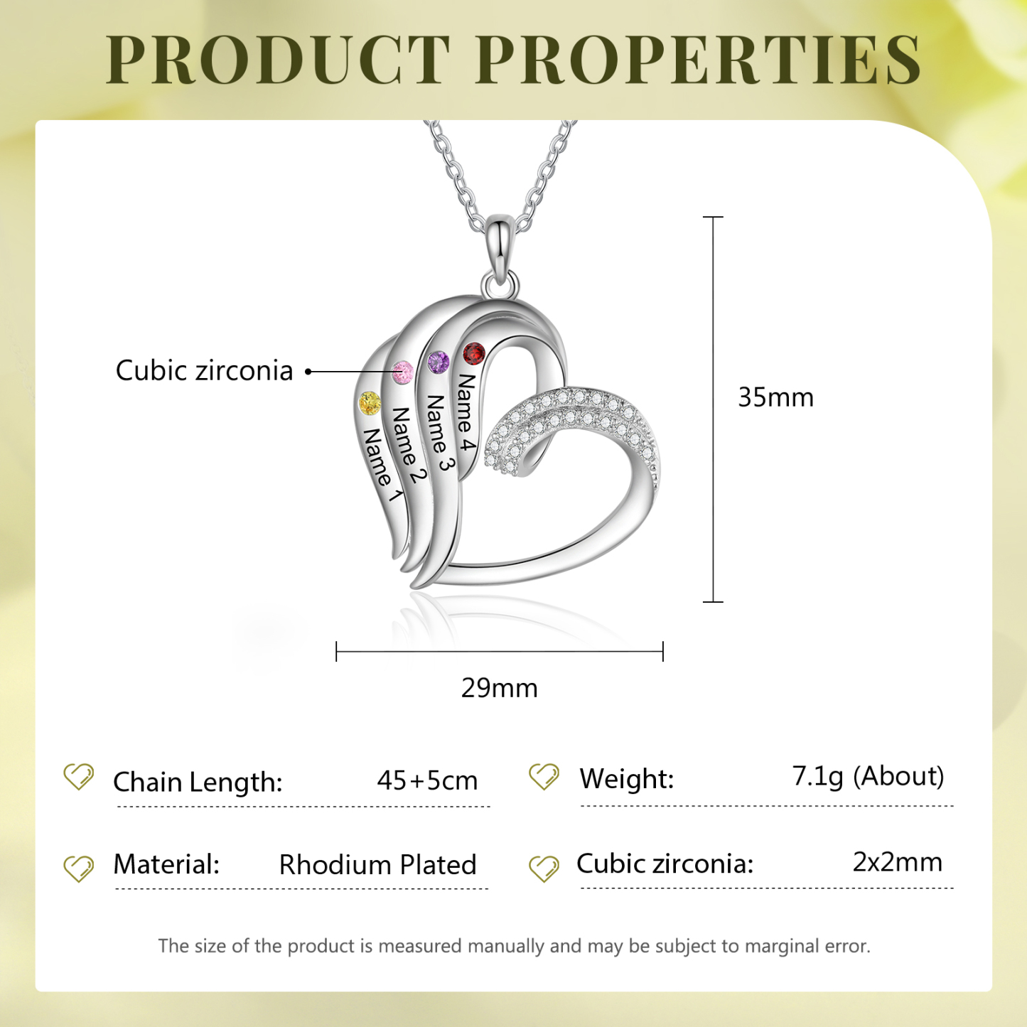 Collier Coeur 4 Prénoms Personnalisés avec Pierre de naissance pour Femmes|Jessemade