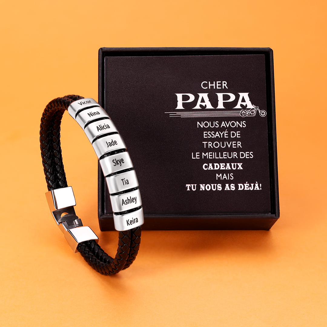 À mon Papa - Bracelet Cuir tressé 8 Perles et Prénoms Personnalisés Bracelet Hommes