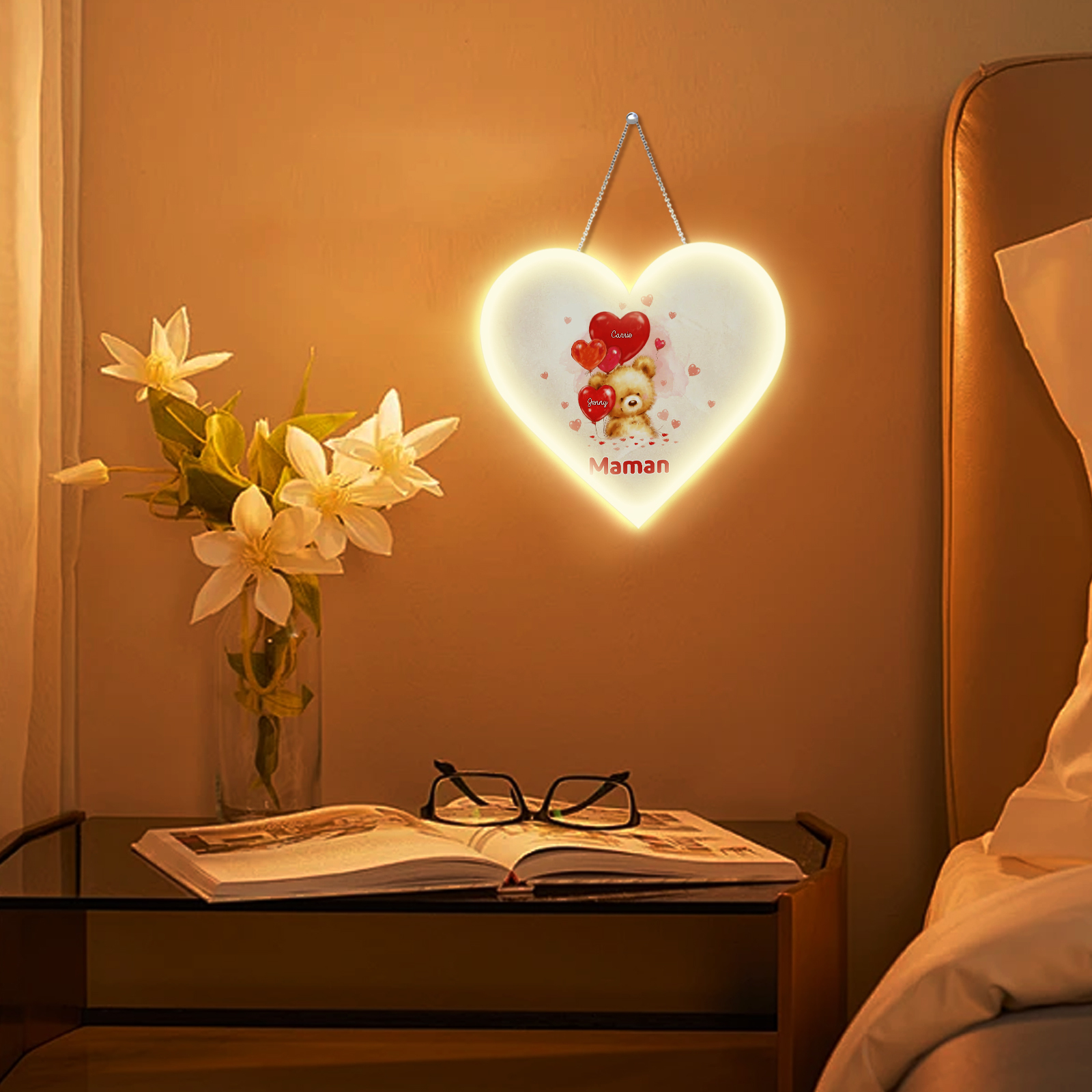 À Maman/Mamie - Veilleuse Cœur Décoration Ours 2 Prénoms Personnalisés avec 1 Texte