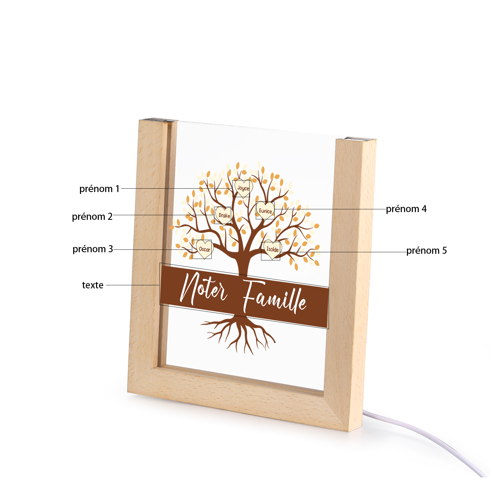 À Maman/Mamie - Lampe de chevet LED Arbre 5 Prénoms Personnalisés avec 1 Texte