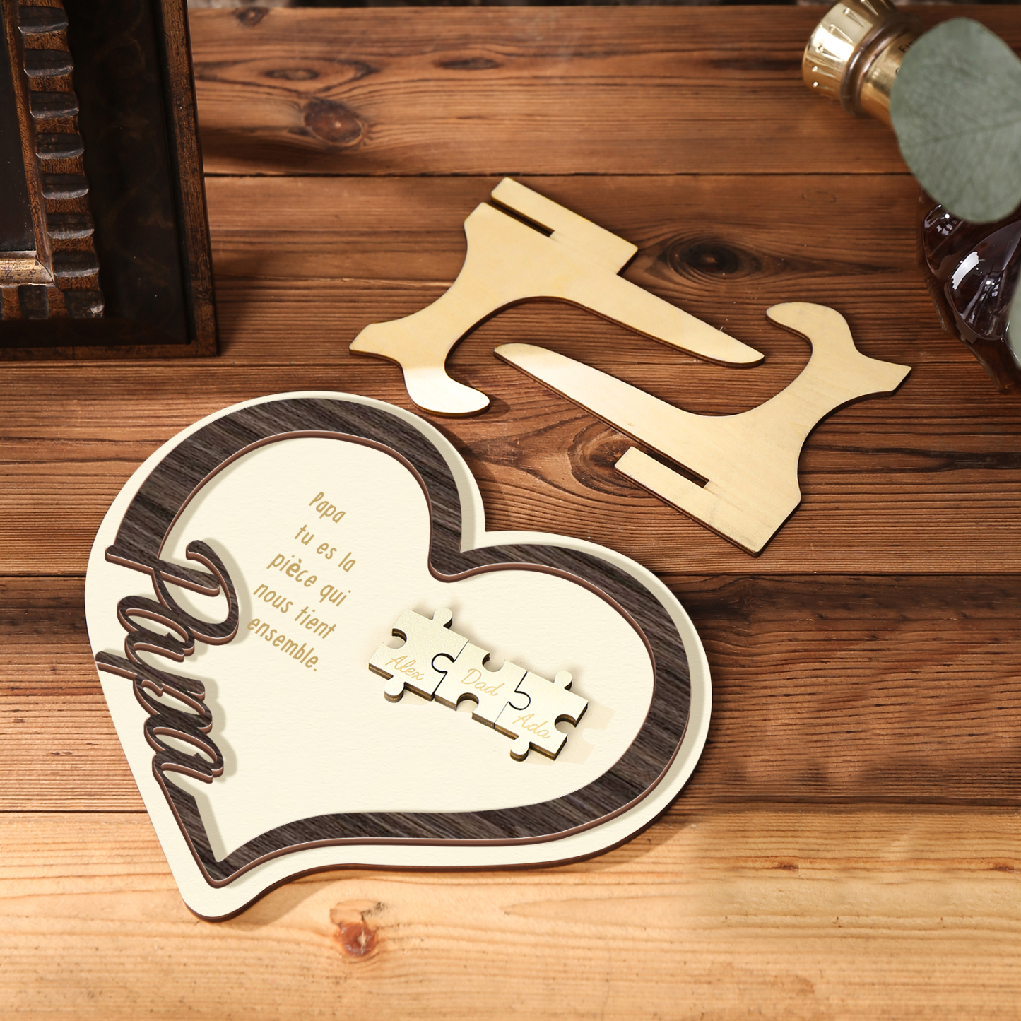 À mon Papa - Décoration en bois Cœur Puzzle 3 Prénoms Personnalisés Ornement pour Famille