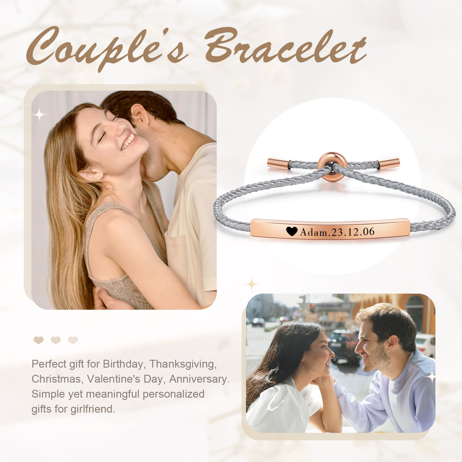 Bracelet 1 Prénom et Date Personnalisés pour Couple