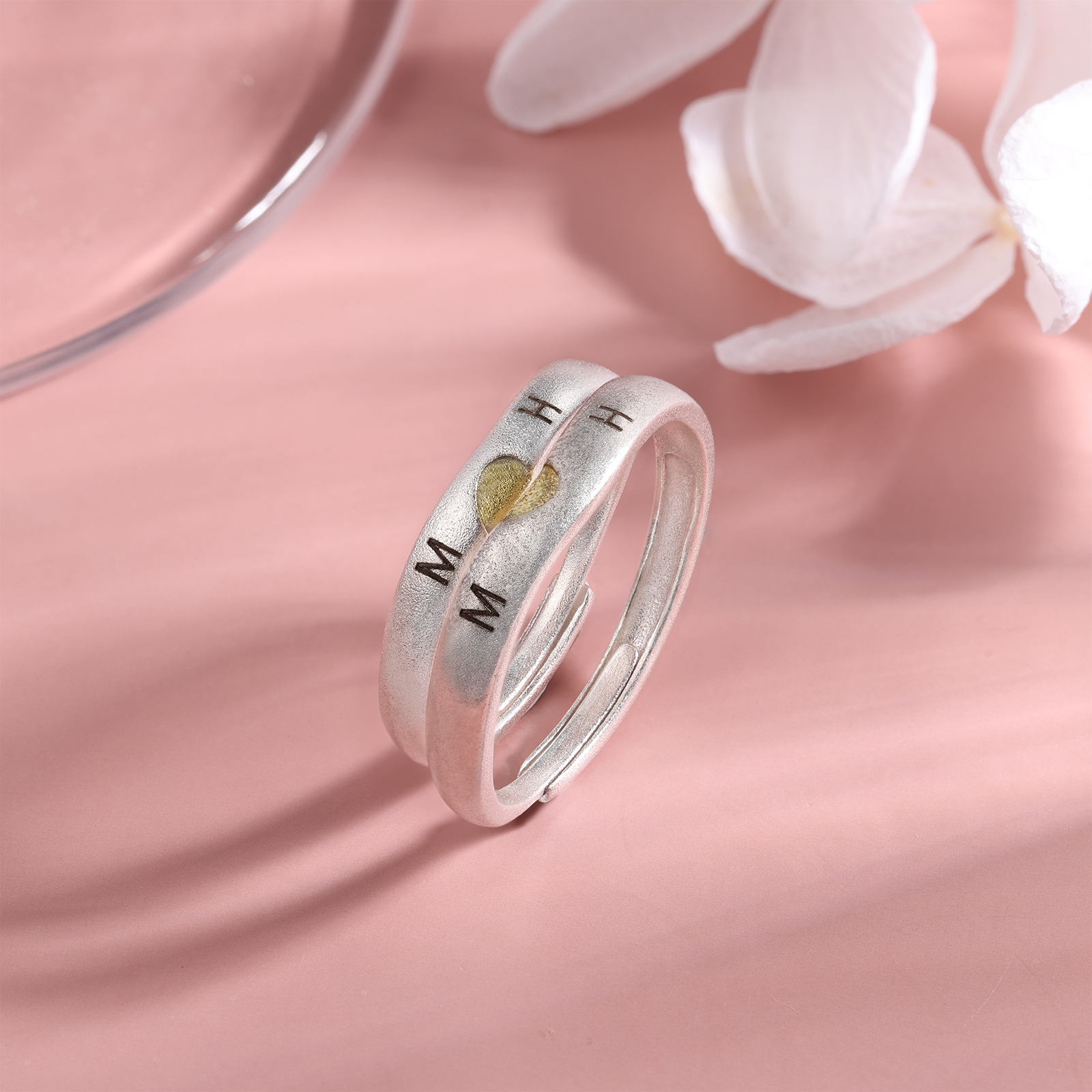 Bague Couple Argent 925 2 Lettres et 1 Date Personnalisés