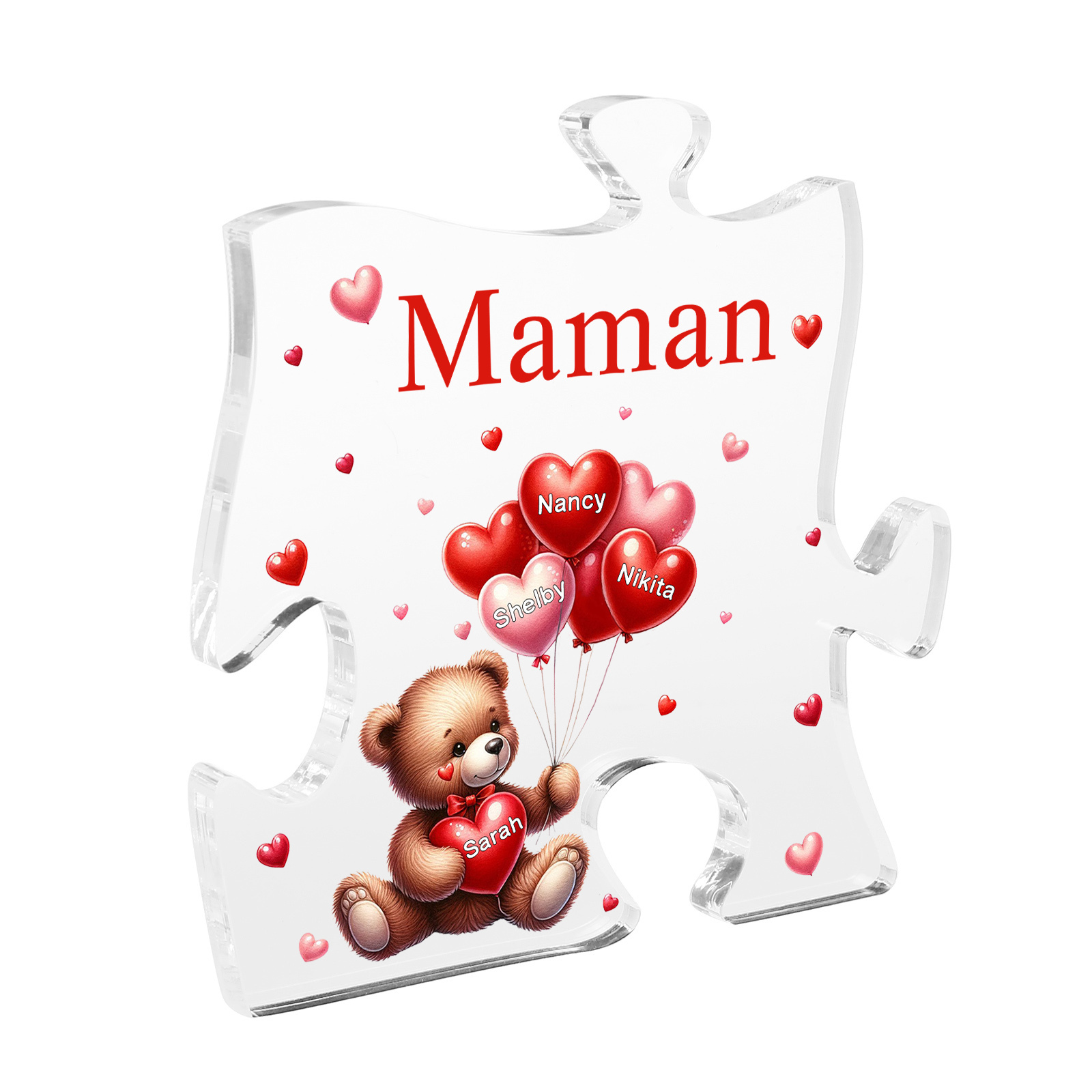 Plaque Acrylique en forme de Puzzle Ours 4 Prénoms et 1 Texte Personnalisés