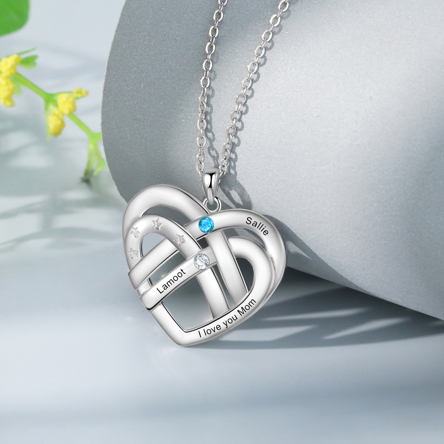 Collier Pendentif Cœur 2 Prénoms et 1 Texte Personnalisés avec 2 Pierres de Naissance Collier Femmes