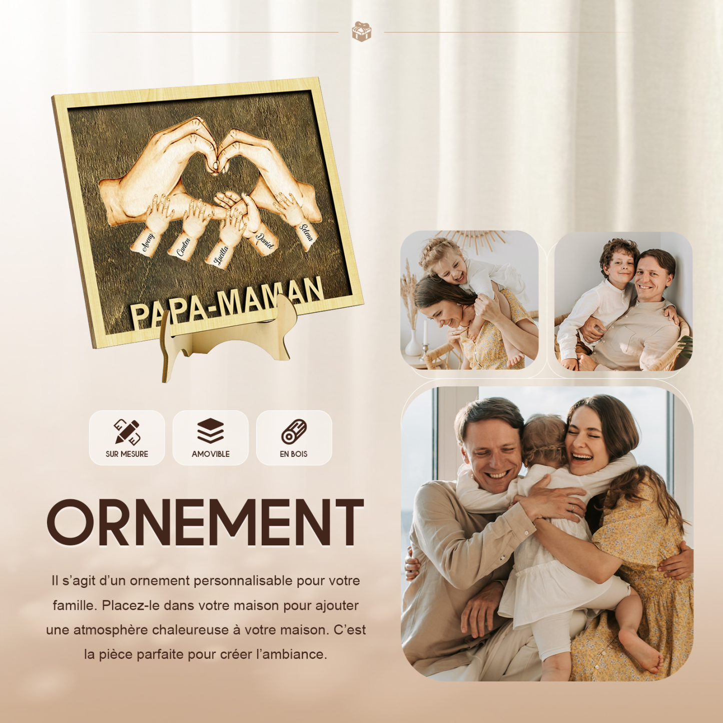 Décoration en bois la Main dans la Main 5 Prénoms Personnalisés Ornement pour Famille