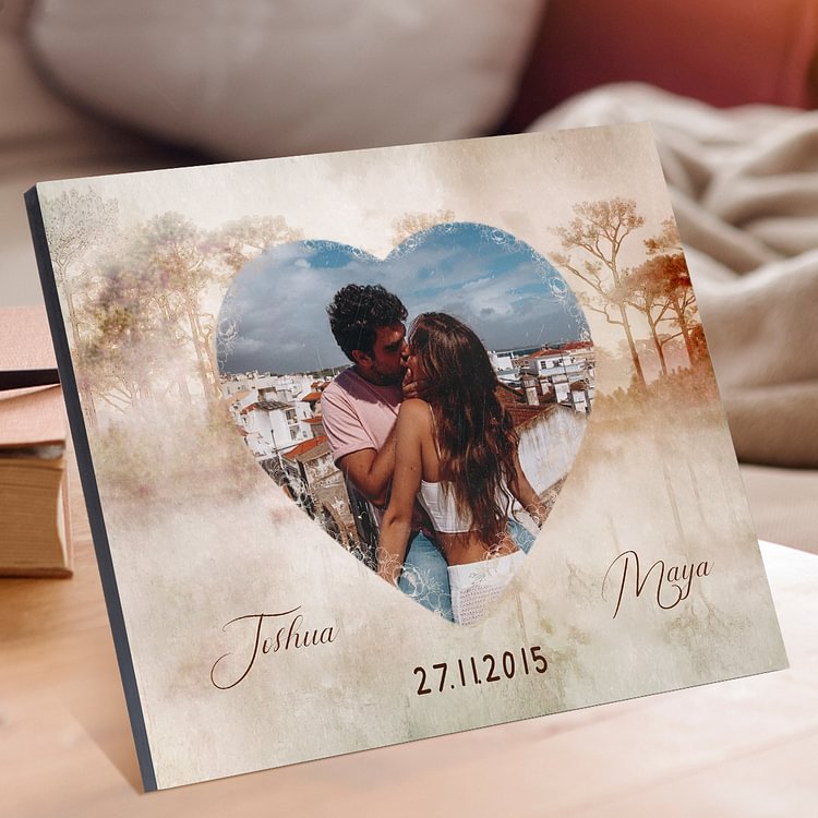 Cadre en Bois 2 Prénoms Personnalisés avec Photo et Date pour Couple Cadeau Saint Valentin