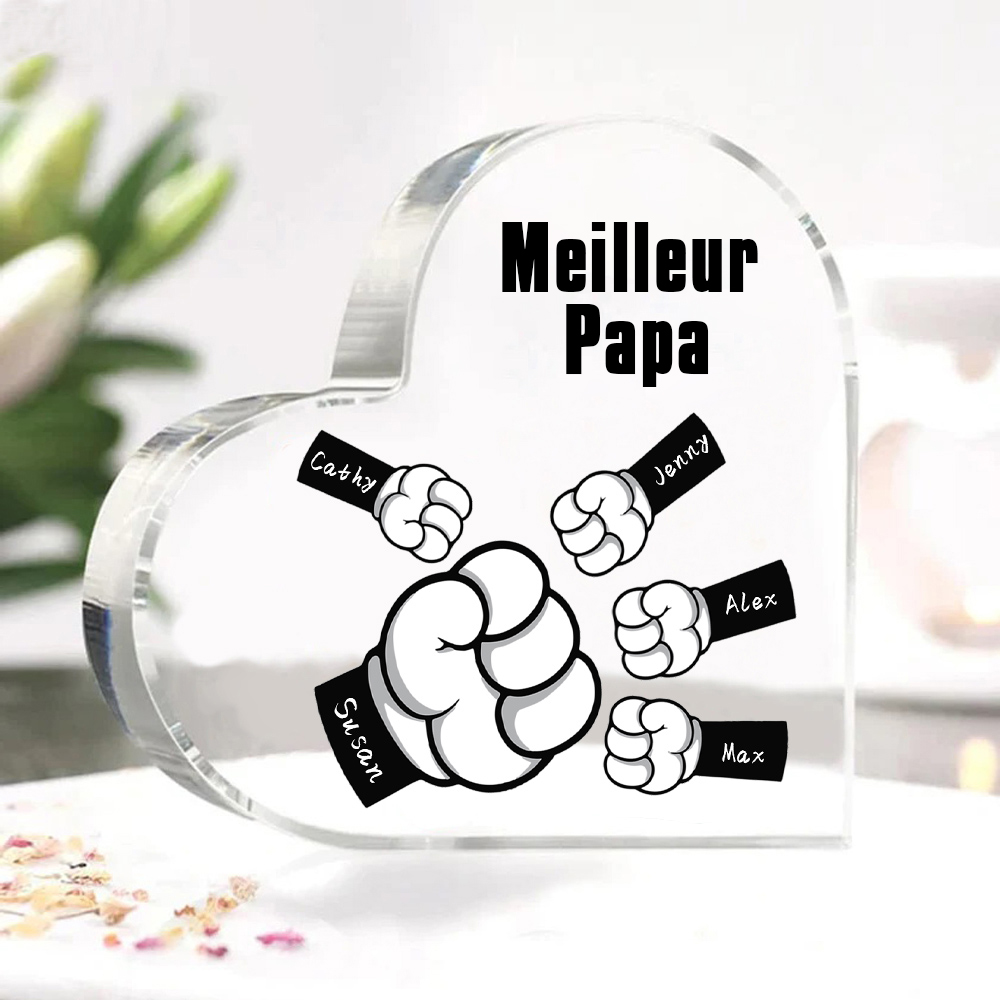 À mon Papa/Maman - Plaque Acrylique en Forme de Cœur Poings 5 Prénoms Personnalisés avec 1 Texte