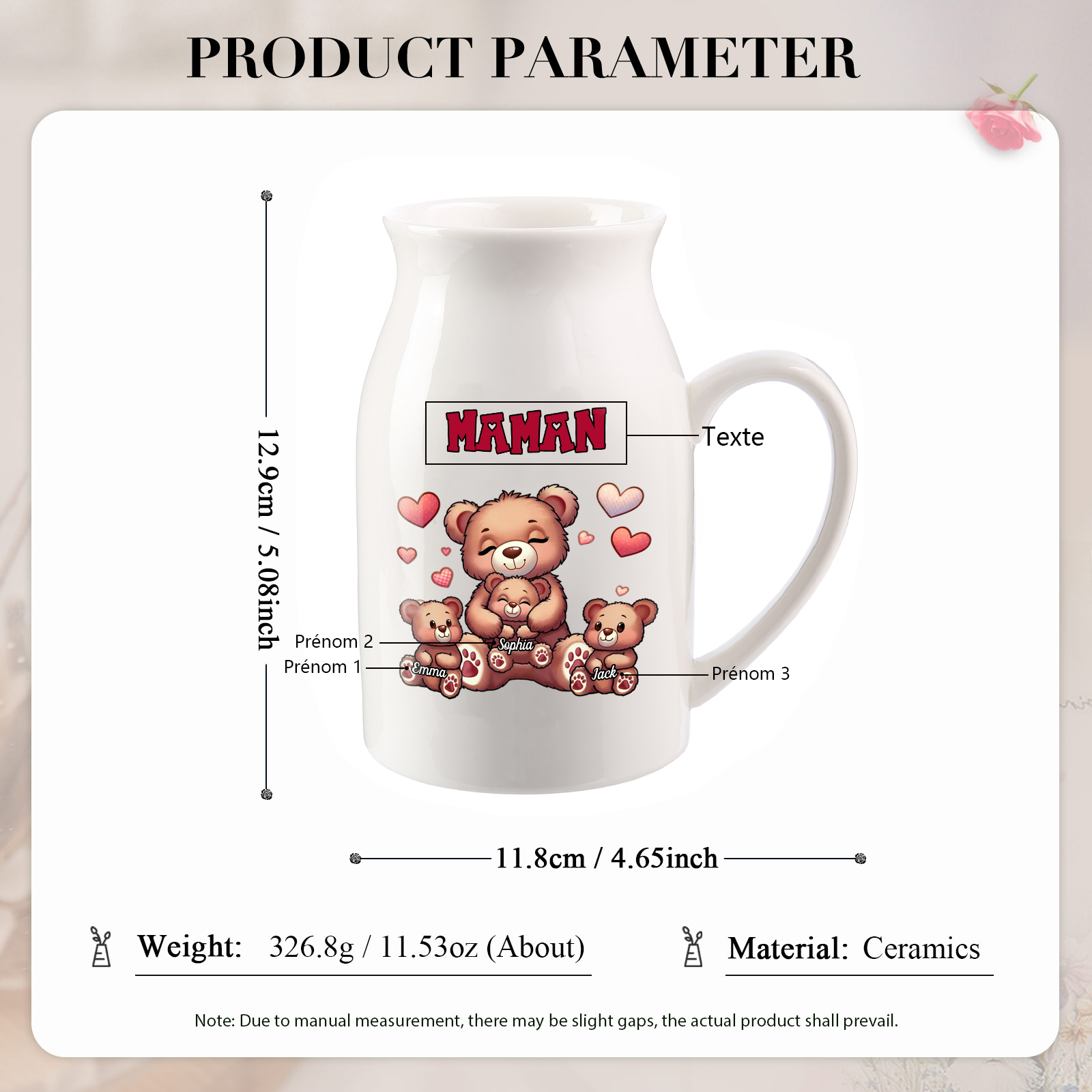 Vase à Fleurs Ours 3 Prénoms Personnalisés avec Texte Décoration de la Maison