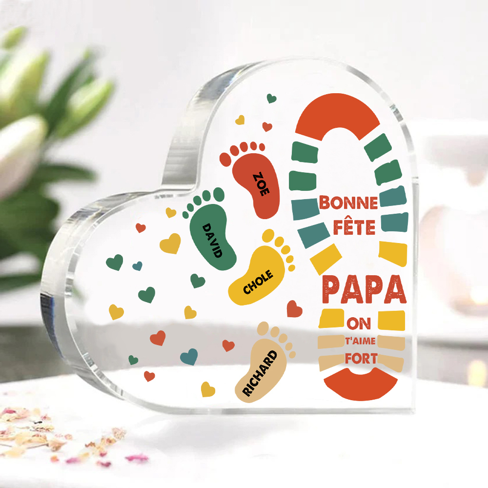 À mon Papa - Plaque Acrylique en Forme de Cœur Empreintes 4 Prénoms Personnalisés