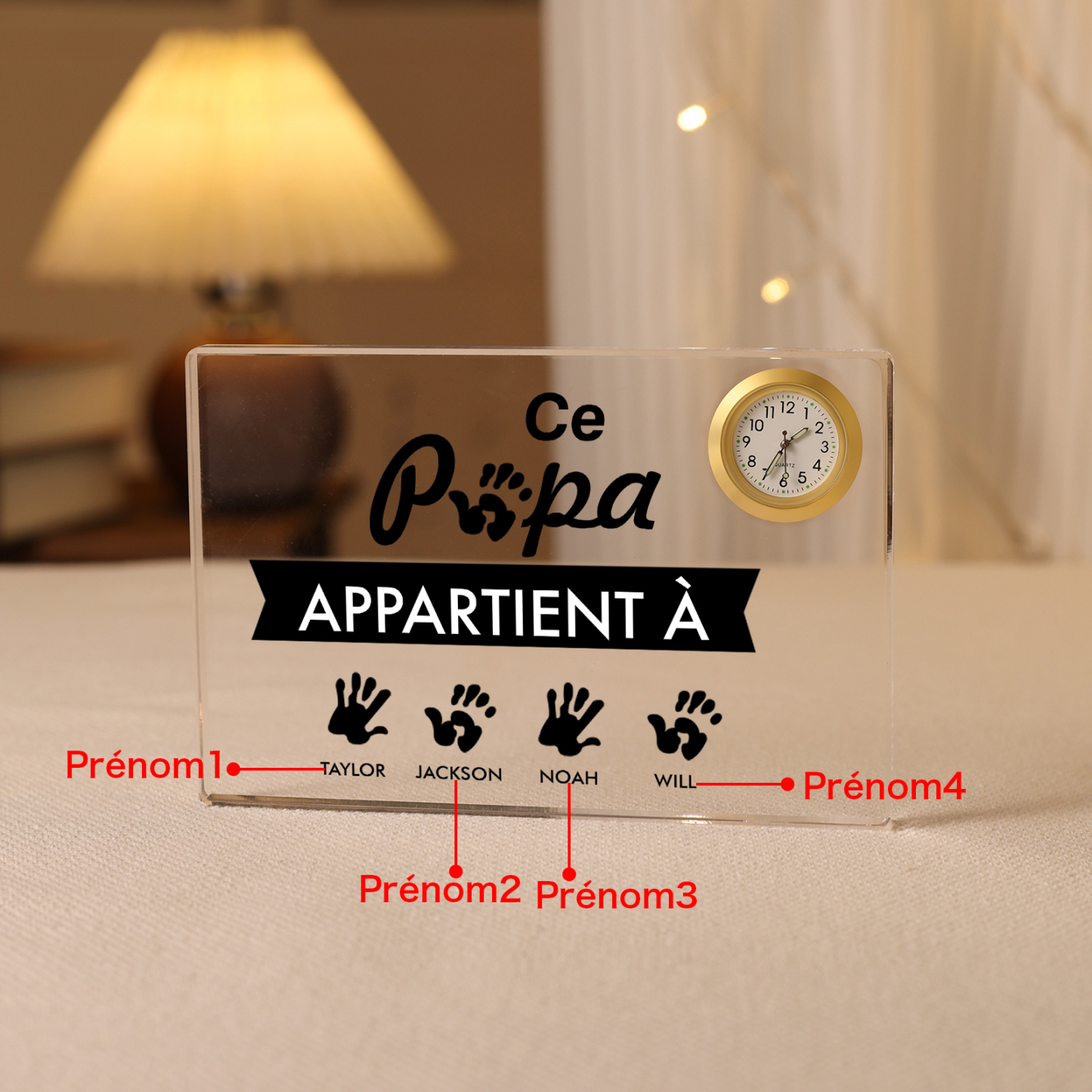 À mon Papa - Plaque Acrylique rectangle avec Horloge Empreinte De Main 4 Prénoms Personnalisés