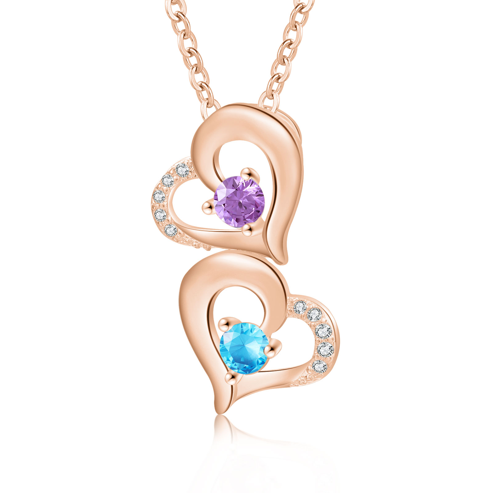 Collier Coeur 2 Prénoms Personnalisés avec Pierre de naissance Or/Or Rose pour Femmes｜Jessemade