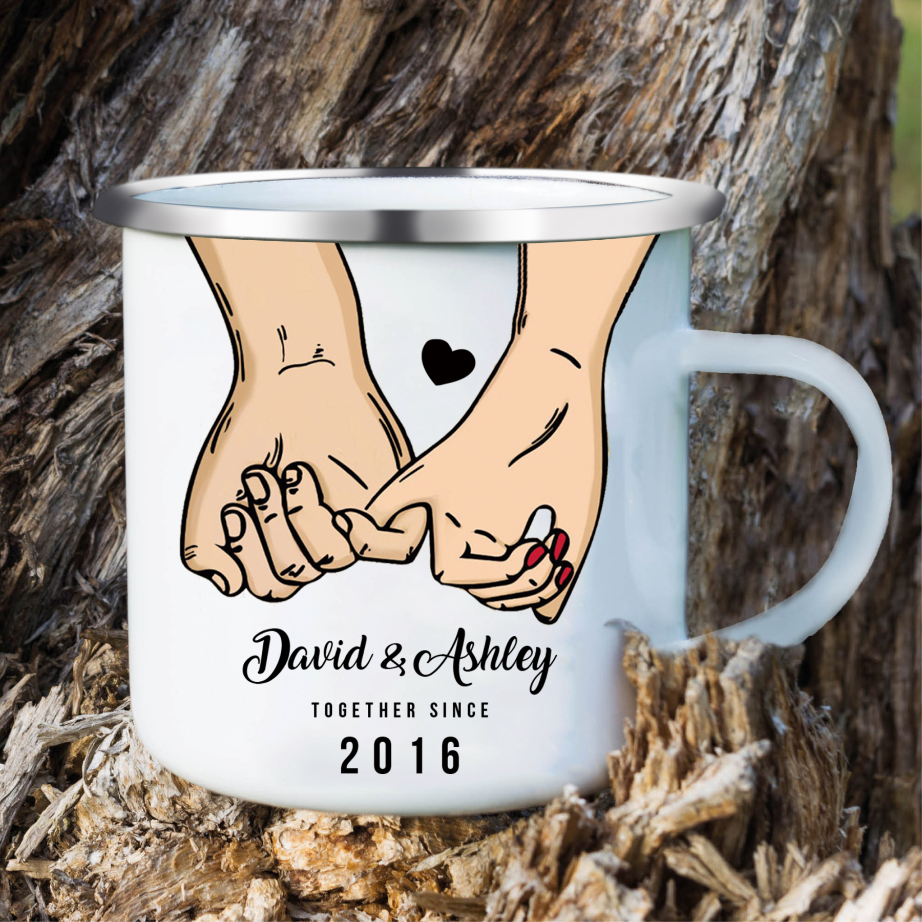 Tasse émaillée 2 Prénoms Personnalisés avec Texte et Année pour Couple promesse du petit doigt