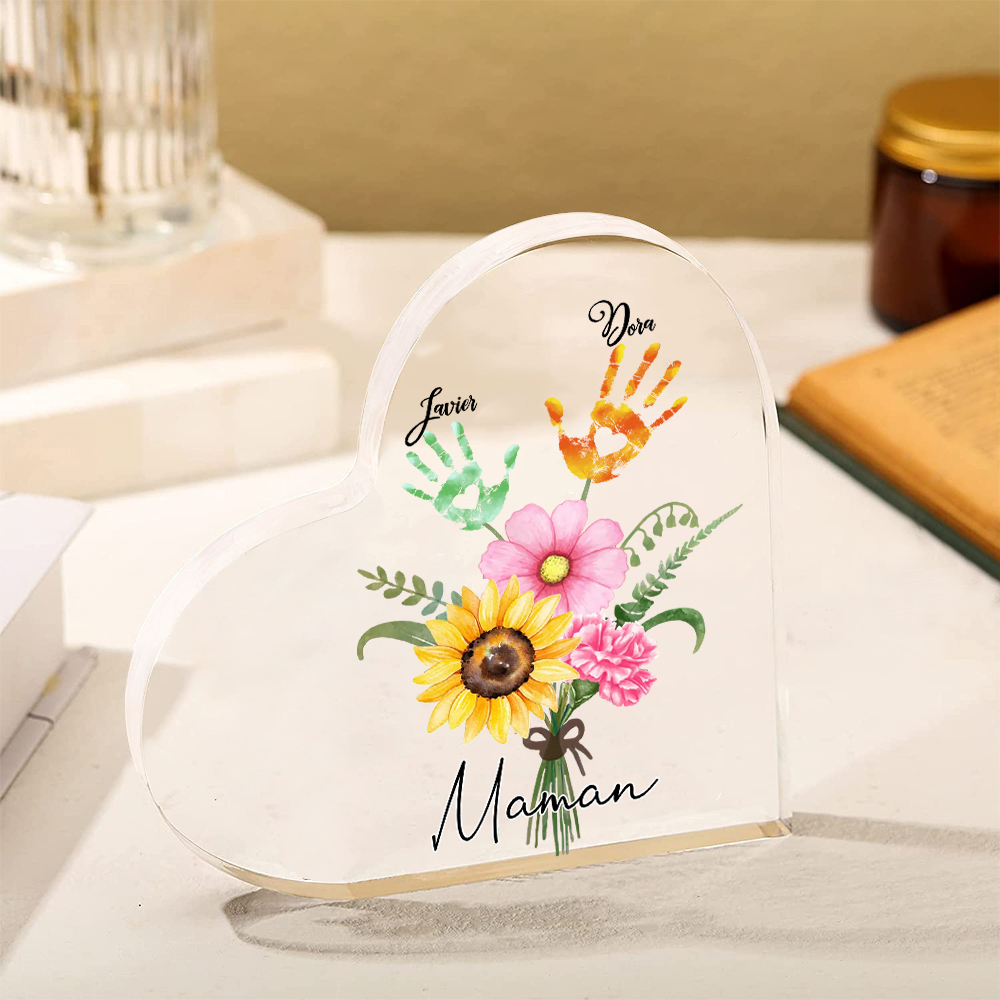 À ma Maman - Plaque Acrylique en Forme de Cœur fleurs 2 Prénoms Personnalisés
