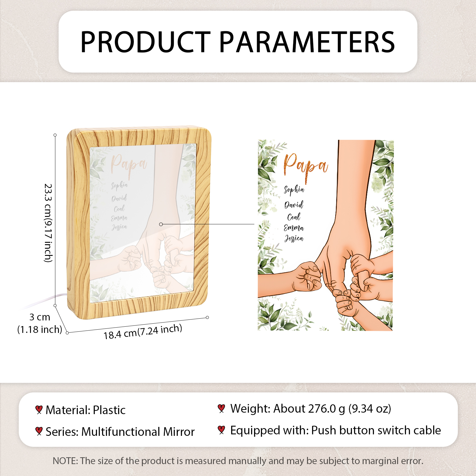 Lampe LED/Cadre Photo/Miroir multifonctionnel la main dans la main 5 Prénoms et 1 Tetxe Personnalisés Cadeau Créatif pour Famille