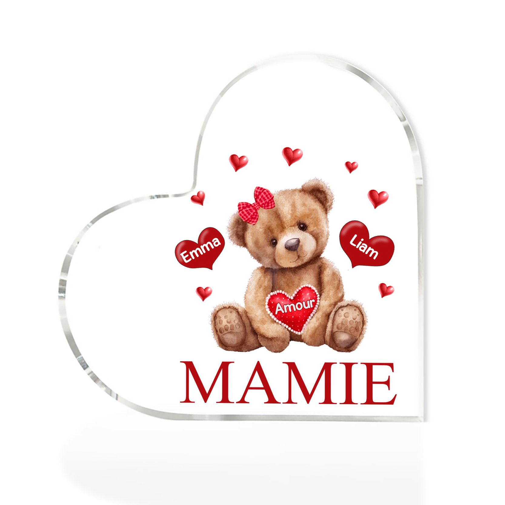 À ma Maman/Mamie - Plaque Acrylique Ours en Forme de Cœur 2 Prénoms Personnalisés avec 1 Texte
