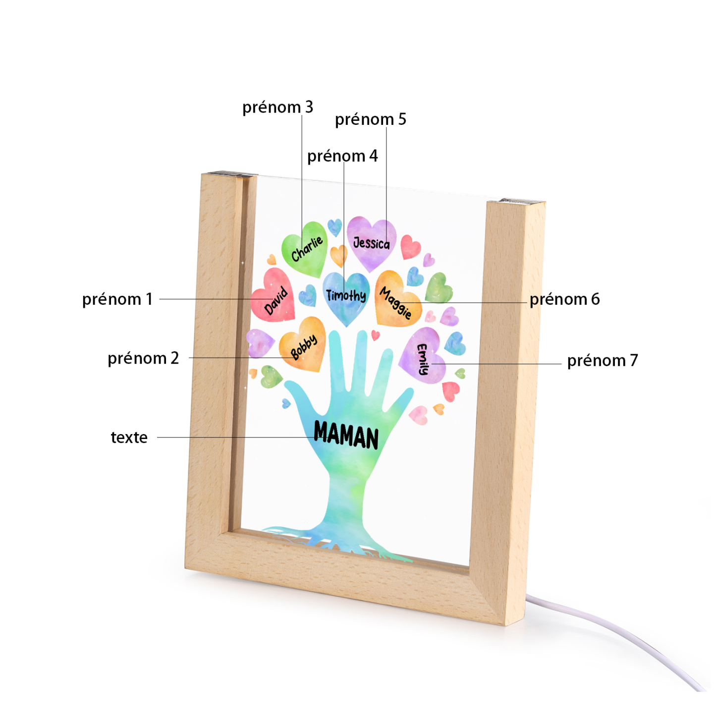À Maman/Mamie - Lampe de chevet LED Main et Cœur 7 Prénoms Personnalisés avec 1 Texte
