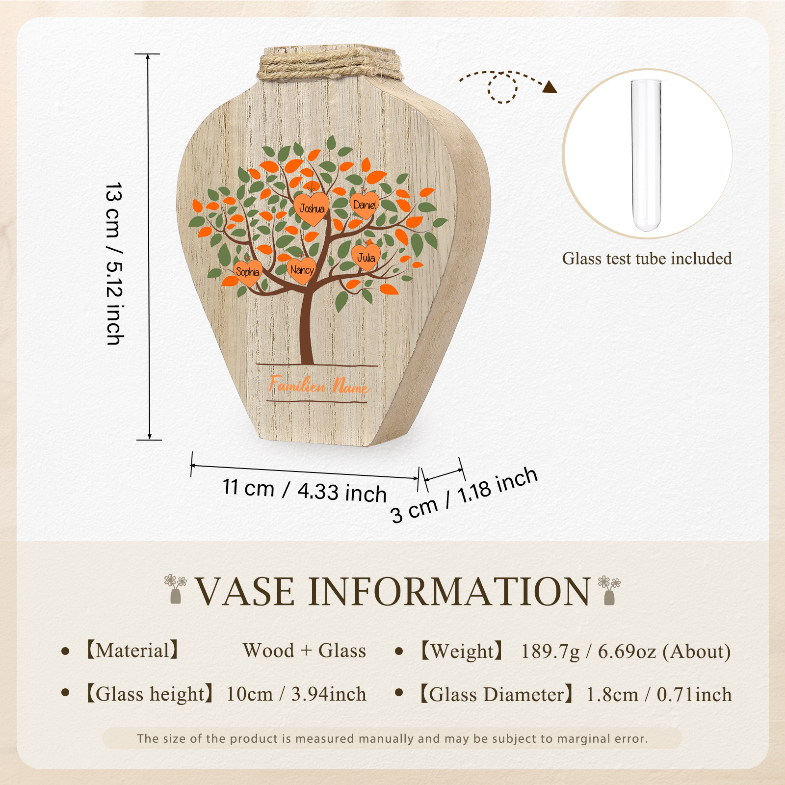 Petit Vase Créatif en Bois Arbre 5 Prénoms Personnalisés avec Texte Décoration de la Maison (sans plantes)