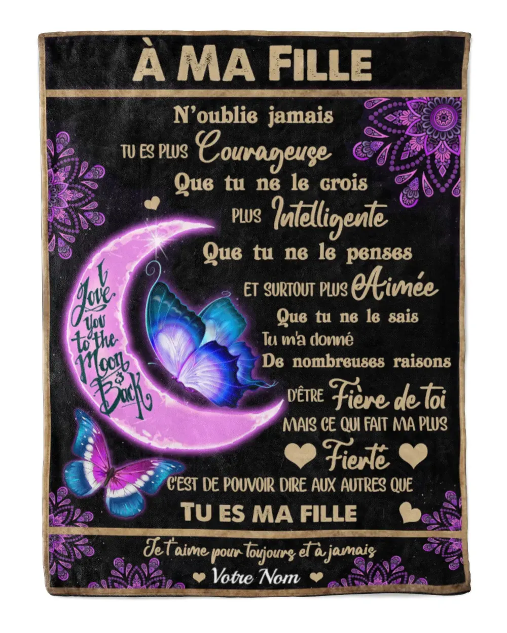 À Ma Fille - Plaid Personnalisé avec 1 Prénom Couverture Lune et Papillon en Flanelle | Jessemade