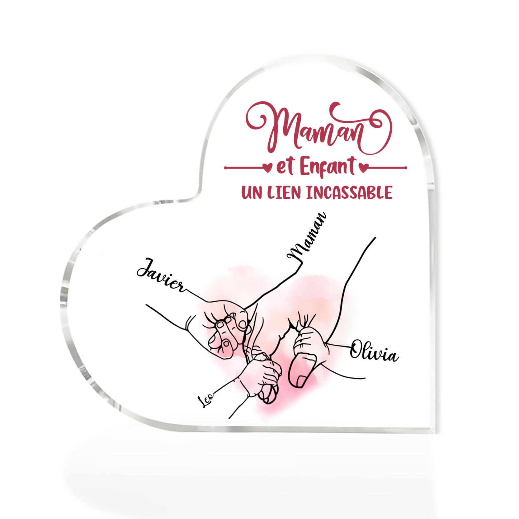 À ma Maman - Plaque Acrylique en Forme de Cœur la main dans la main 4 Prénoms Personnalisés