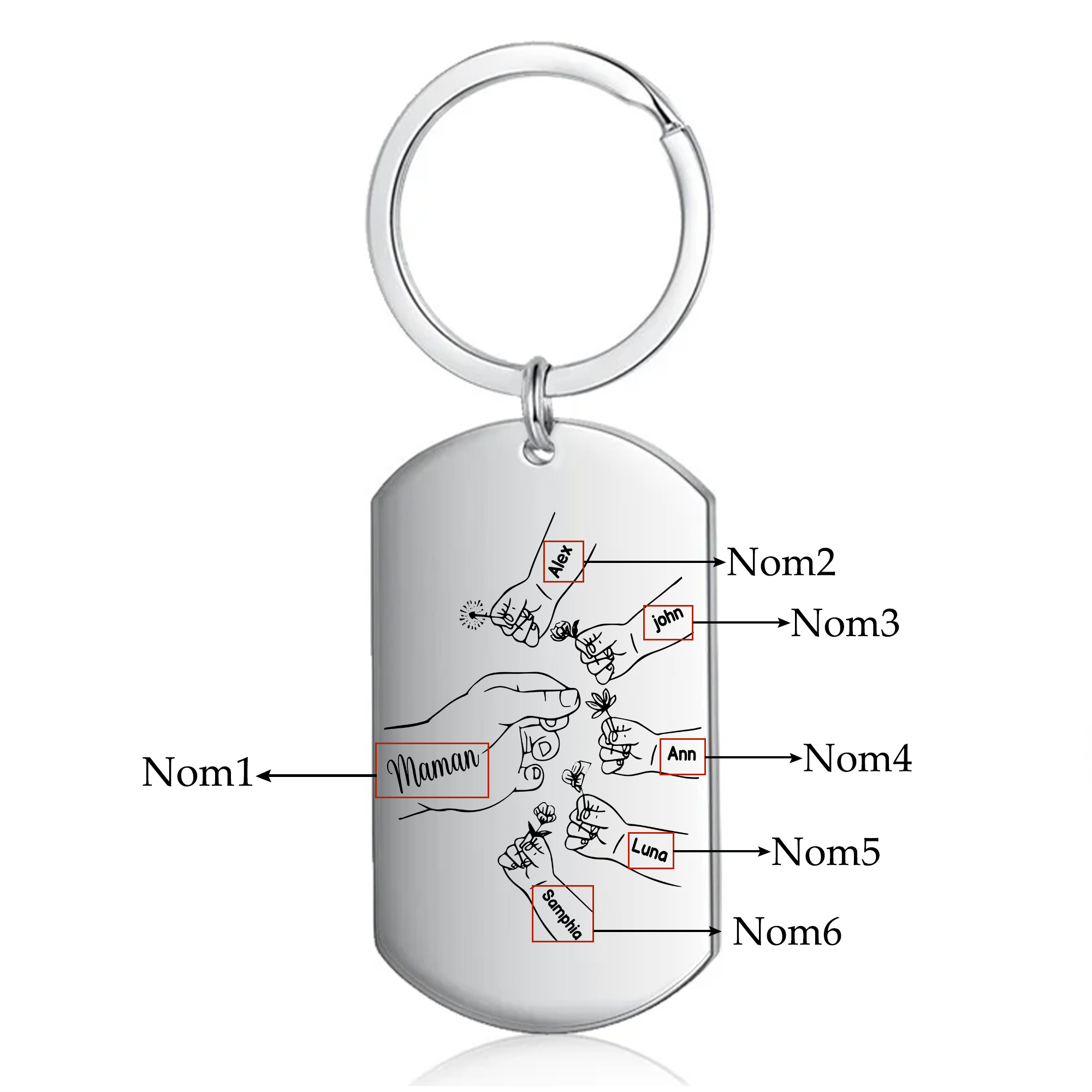 À ma Maman/Mamie - Porte-Clés 2-7 Prénoms Personnalisés Porte-Clés Mains et Fleurs