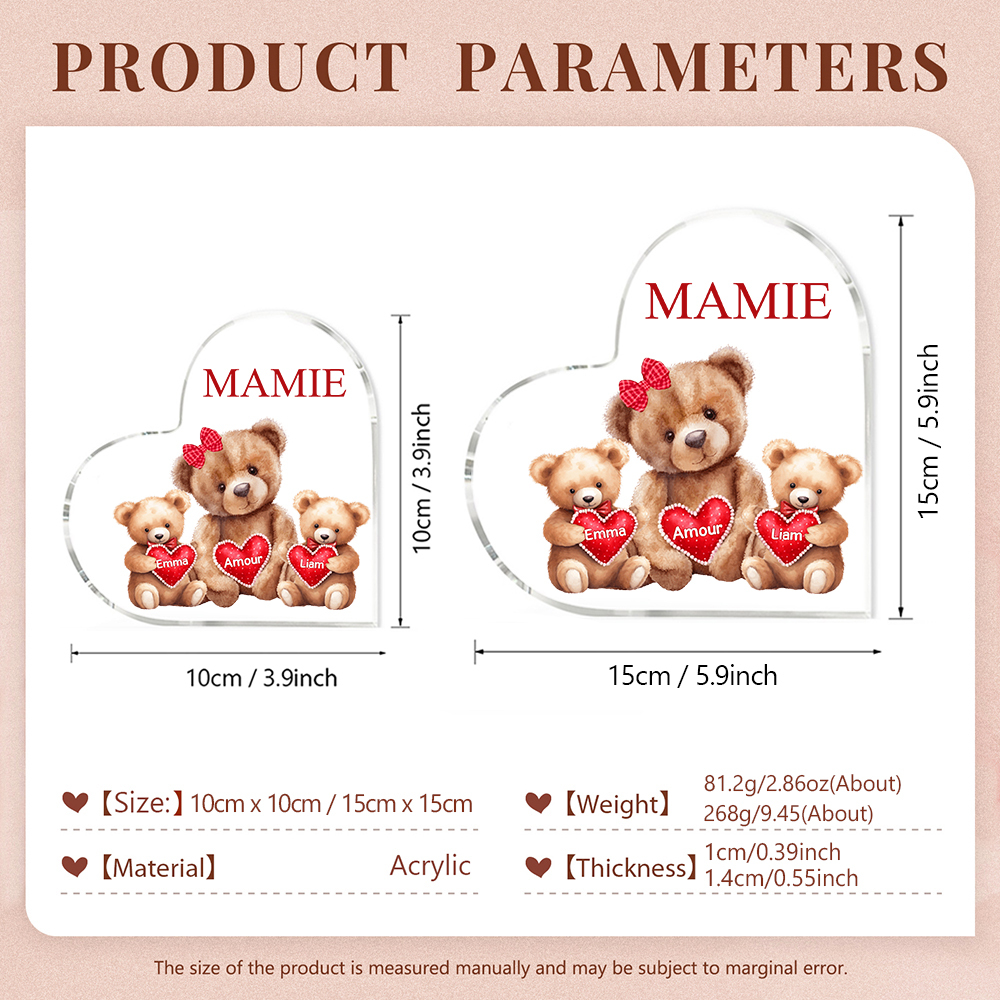 À ma Maman/Mamie - Plaque Acrylique Ours en Forme de Cœur 2 Prénoms Personnalisés avec 1 Texte