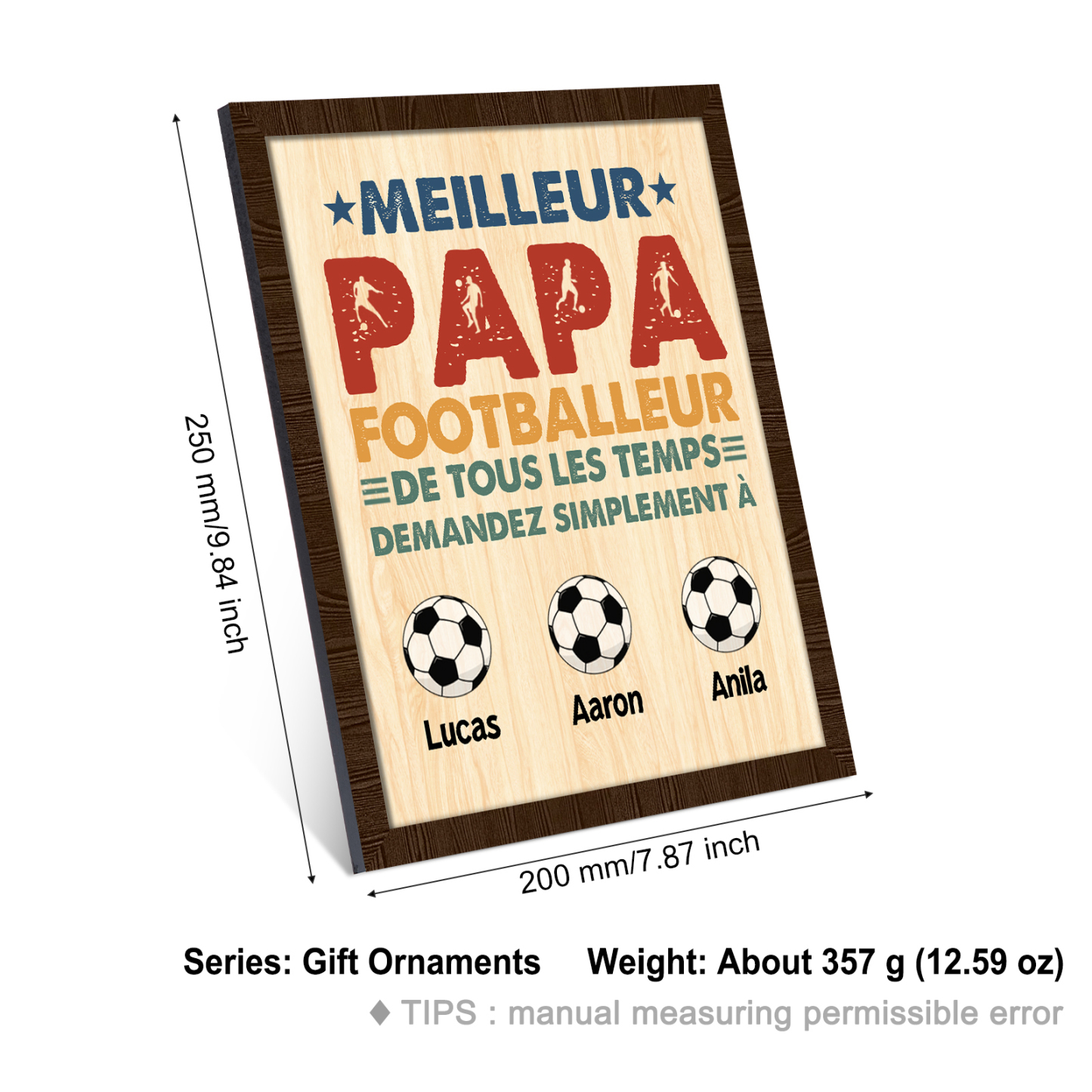 À Mon Papa-Cadre en Bois Football 3 Prénoms Personnalisés