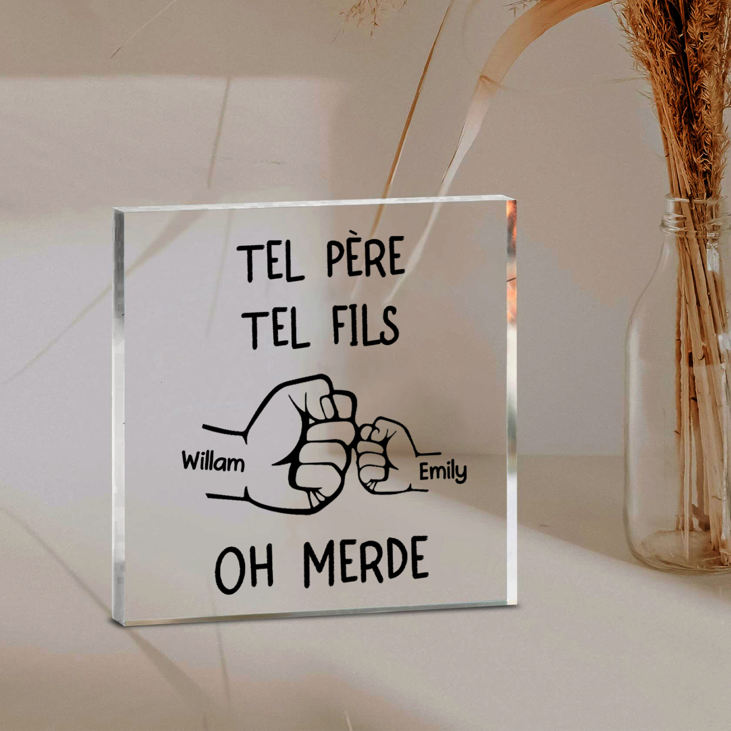 Plaque Acrylique Carrée 2 Prénoms Personnalisés Poings Père et Fils