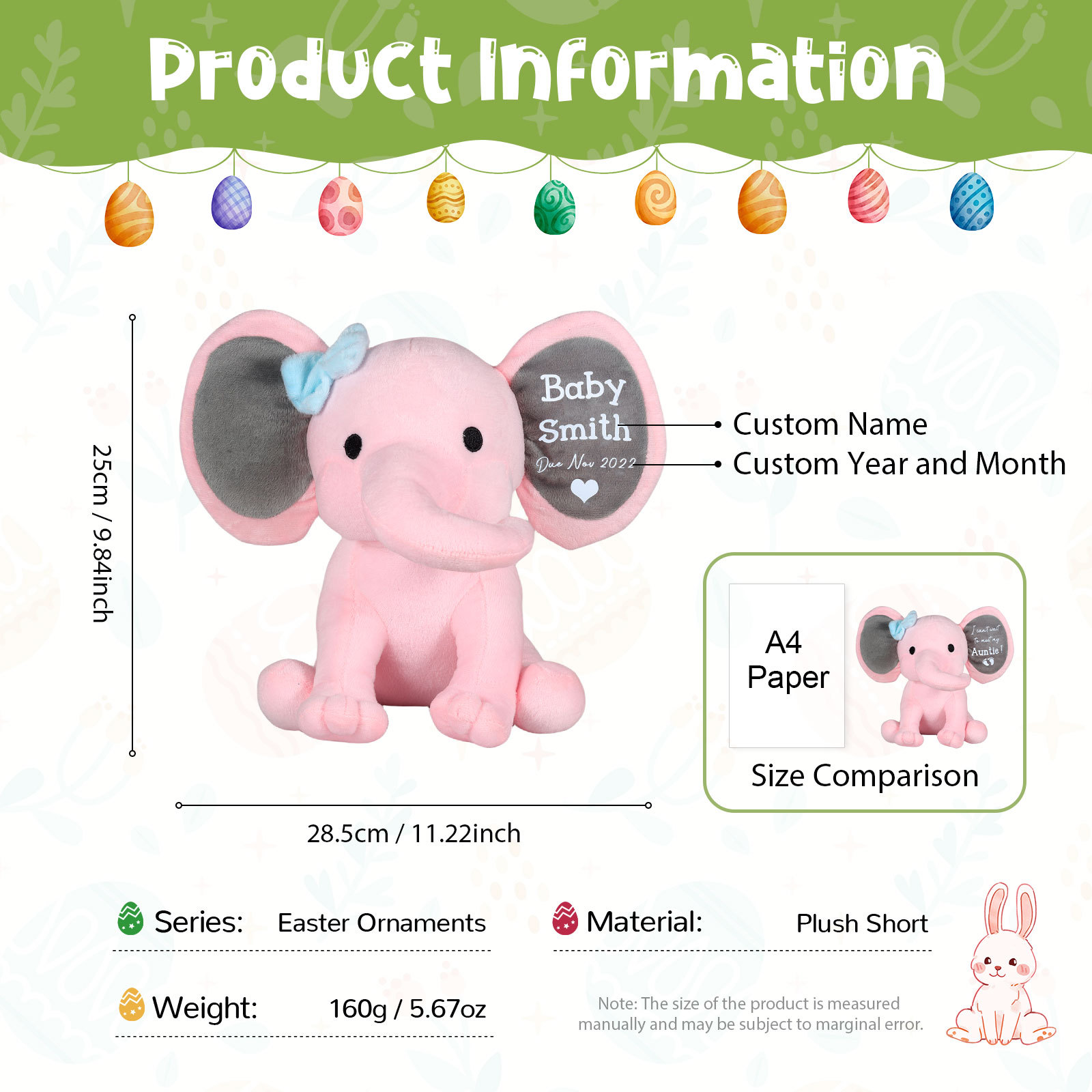 Décoration jouet d‘éléphant’ 1 Prénom et Date Personnalisés pour Enfant Poupées de Pâques Cadeau Rentrée Scolaire