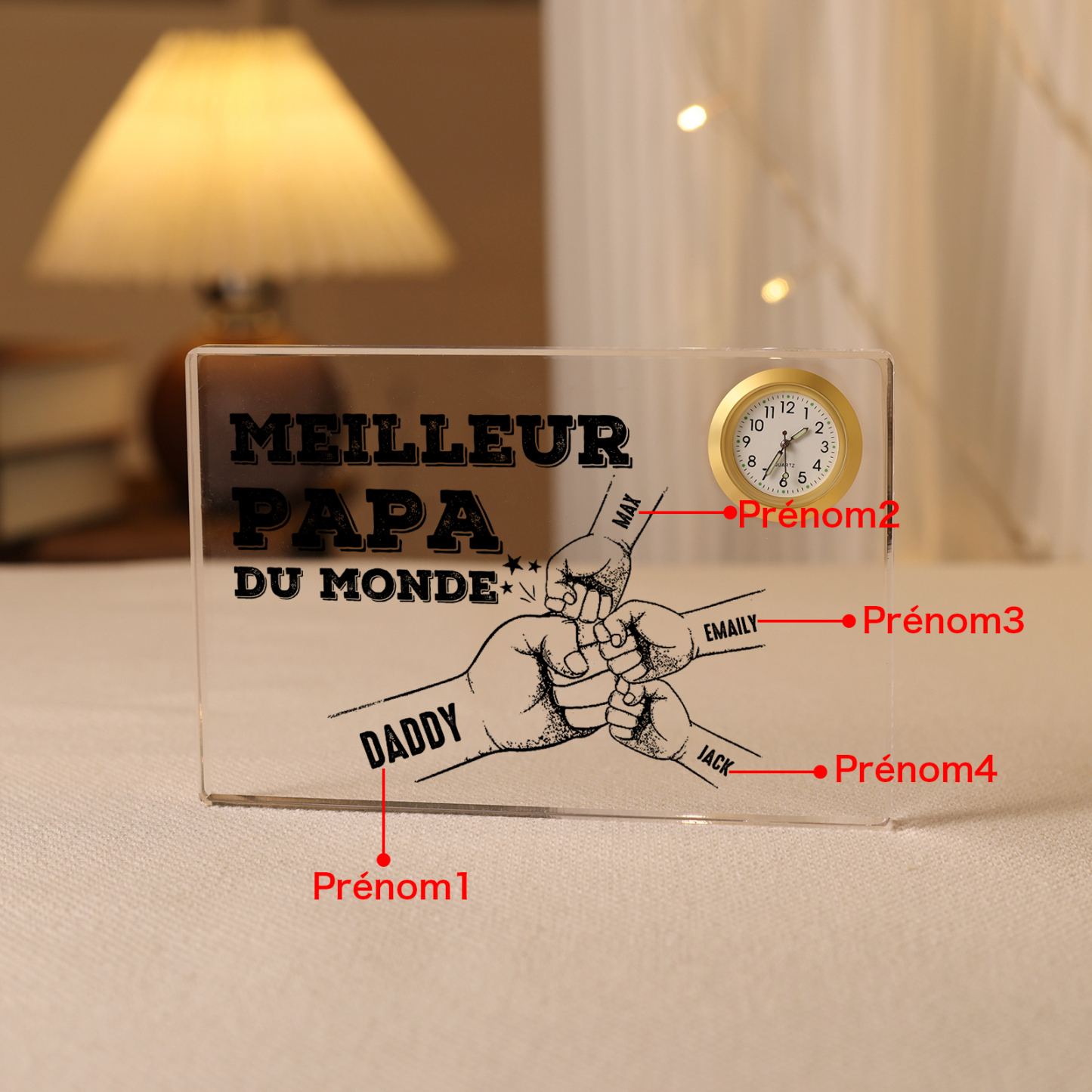 À mon Papa - Plaque Acrylique rectangle avec Horloge Poings 4 Prénoms Personnalisés