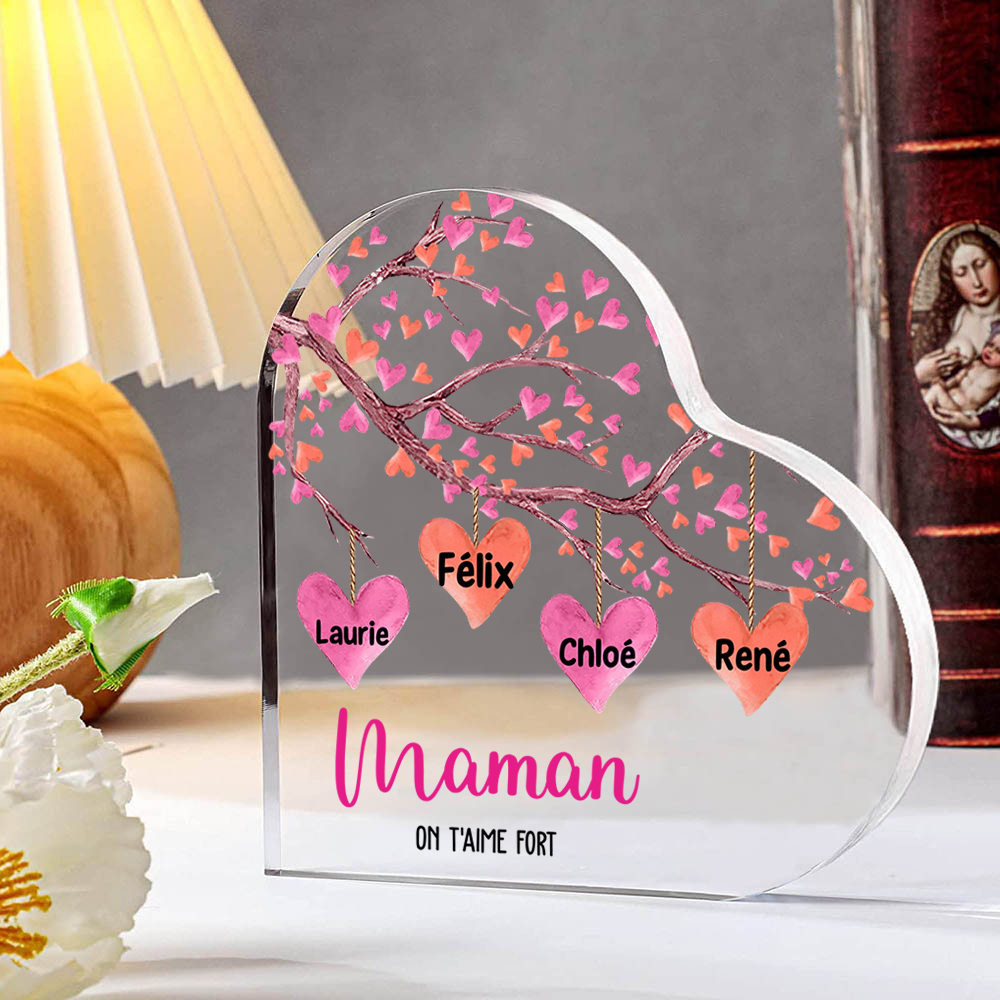 À ma Maman/Mamie - Plaque Acrylique en forme de Cœur Arbre 1-10 Prénoms Personnalisés avec 2 Textes