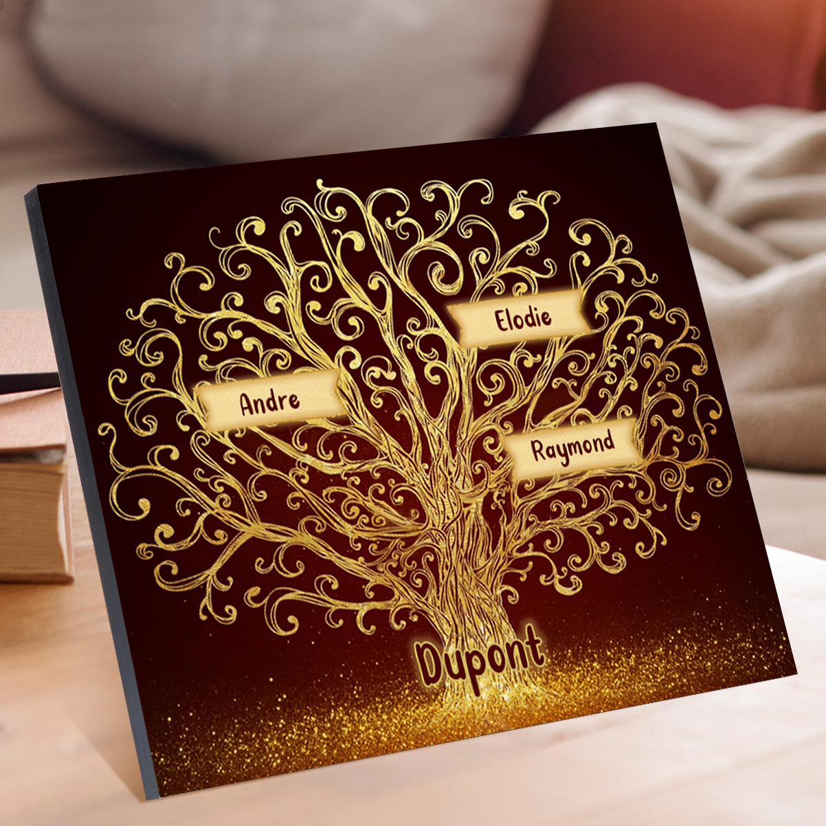 Cadre en Bois Arbre 3 Prénoms Personnalisés avec Texte Cadeau pour Famille