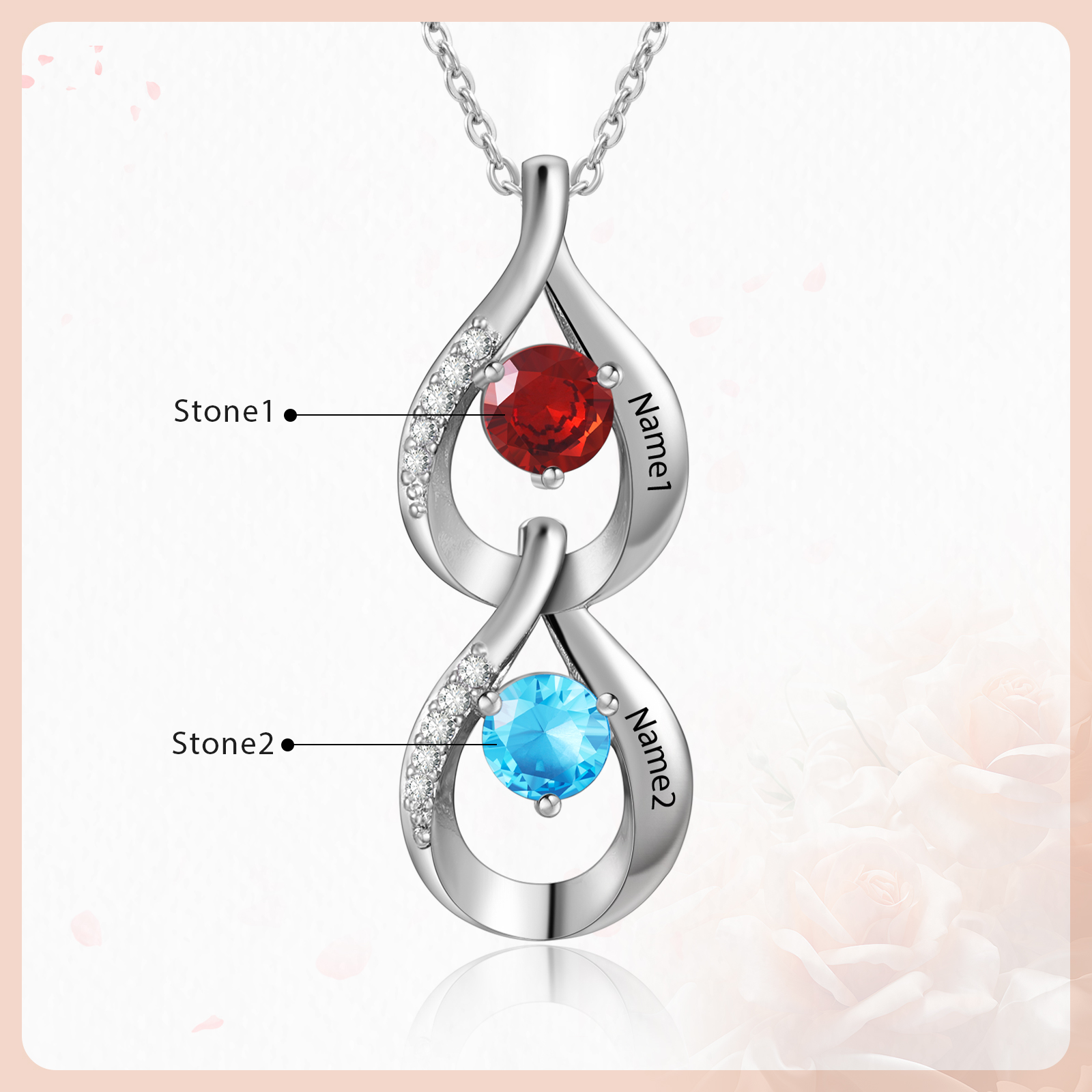 Collier Pendentif Goutte d'eau 2 Prénoms Personnalisés avec Pierres de naissance