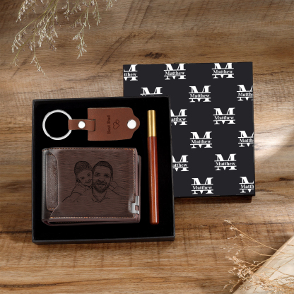 Coffret Cadeau 3PCS - Portefeuille classique Porte-Clés et Stylo 1 Prénom et Lettre Personnalisés avec 2 Photos et 3 Textes pour Homme