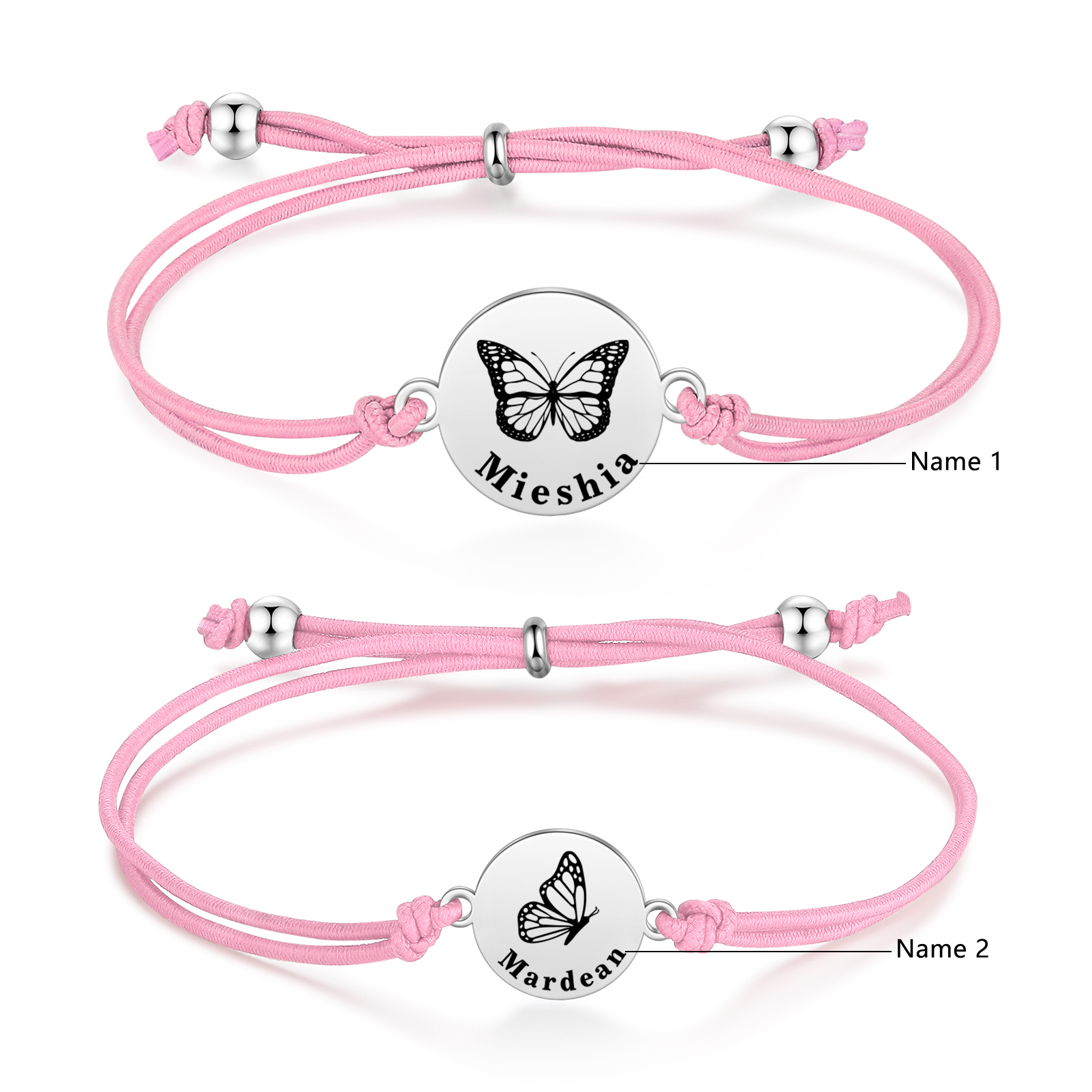 2PCS Ensemble de Bracelets Papillons 2 Prénoms Personnalisés Corde élastiques - Cadeau Rentrée Scolaire Premier jour d’école