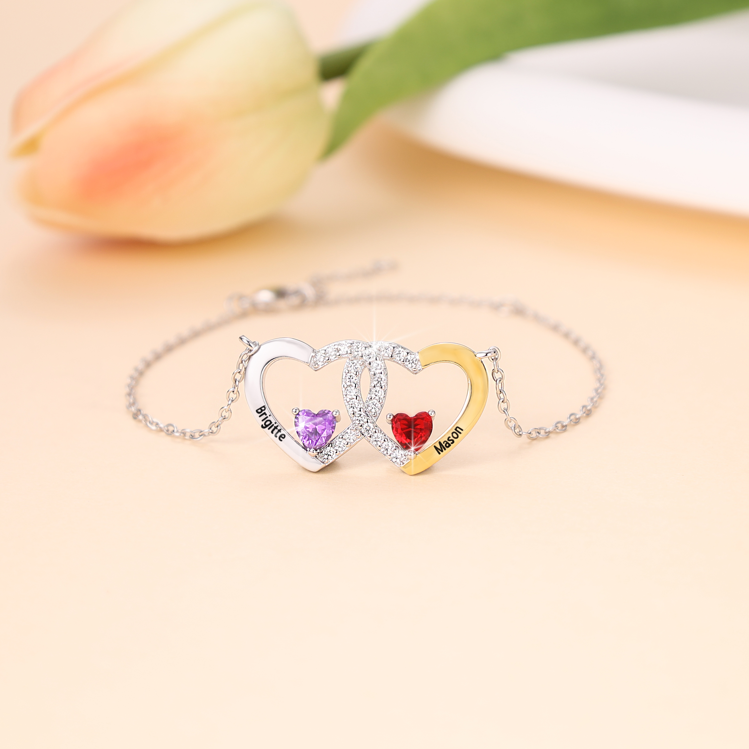 Bracelet Cœur Braelet Personnalisé Femme 2 Prénoms Personnalisé avec 2 Pierres de Naissance｜Jessemade