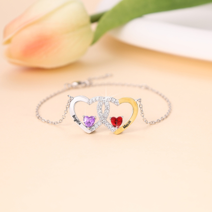 Bracelet Cœur Braelet Personnalisé Femme 2 Prénoms Personnalisé avec 2 Pierres de Naissance｜Jessemade