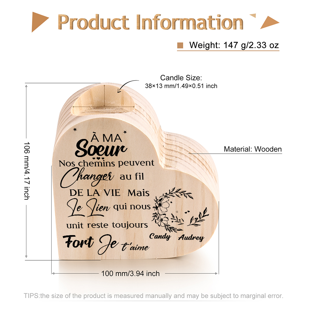 À Ma Sœur - Bougeoir en Bois 2 Prénoms Personnalisés sans bougie
