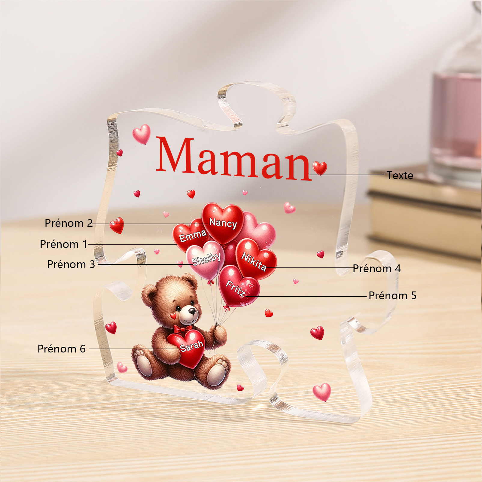Plaque Acrylique en forme de Puzzle Ours 6 Prénoms et 1 Texte Personnalisés