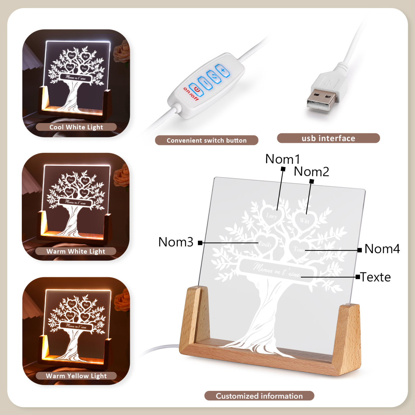 À Maman/Mamie - Lampe de chevet LED Arbre de Vie 4 Prénoms Personnalisés avec Texte pour Famille