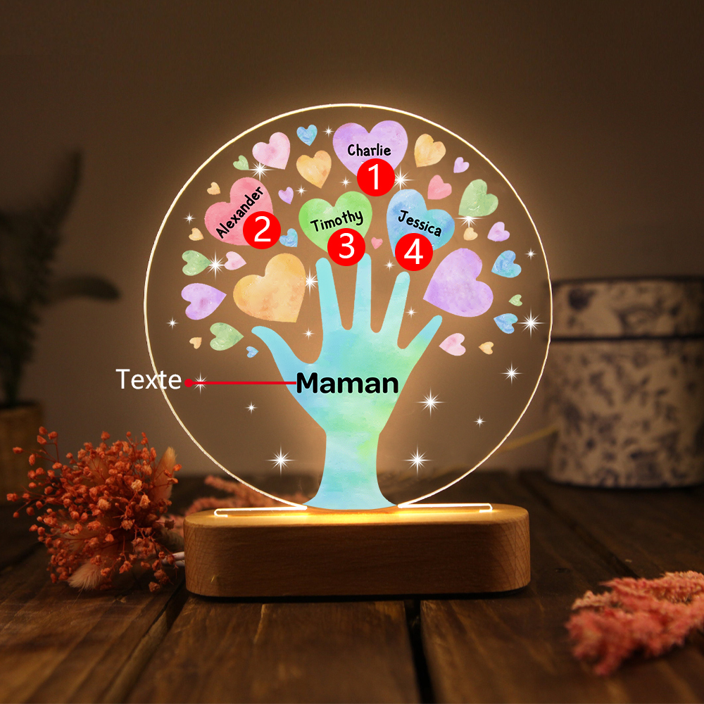 À Maman/Mamie - Lampe de chevet LED Lumières Cœur 4 Prénoms Personnalisés avec 1 Texte pour Famille